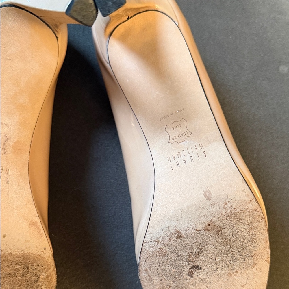 Stuart Weitzman Nude Patent Leather Peep Toe Womens 6.5 Heels Classic Preppy - Picture 9 of 11